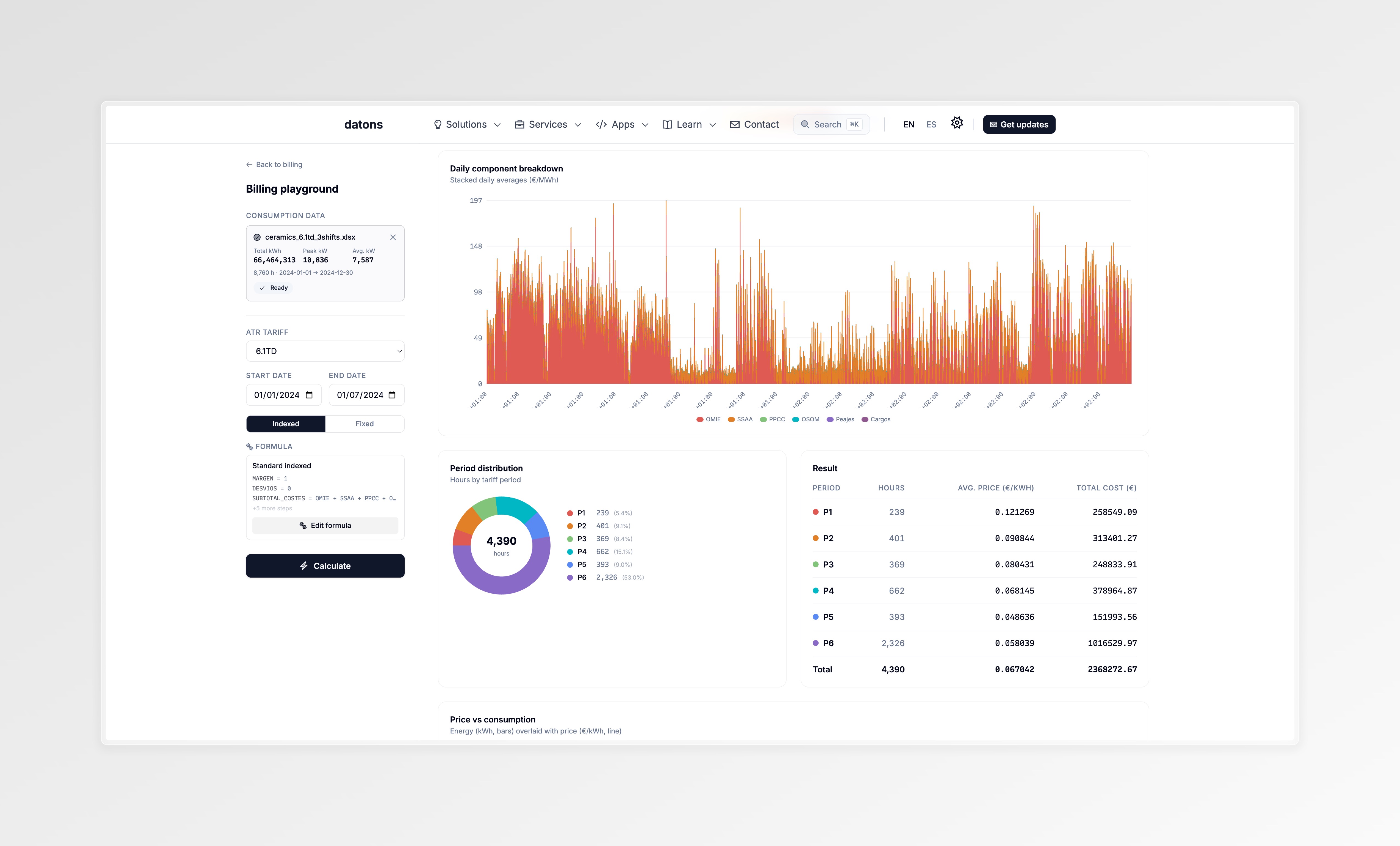 Billing playground — component breakdown and results table