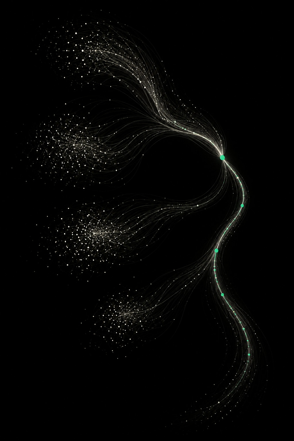 Visual abstracto de señales de mercado y sistemas internos que forman una ruta de riesgo trazable.