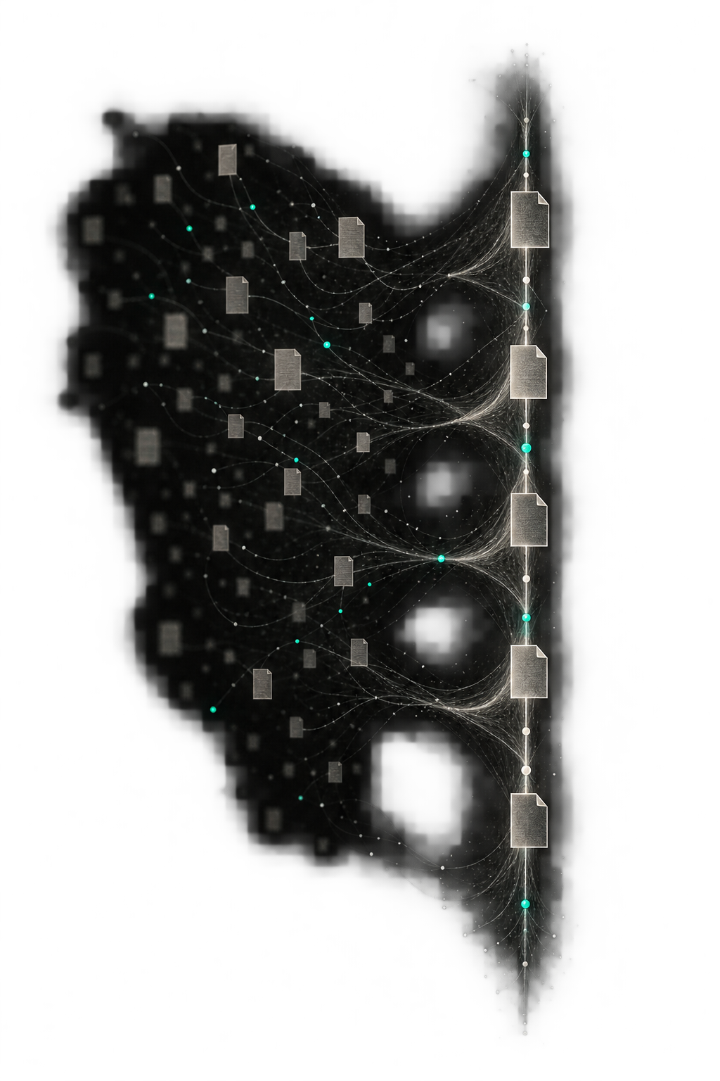 Visual abstracto de fuentes jurídicas que forman una cadena de evidencia verificable.