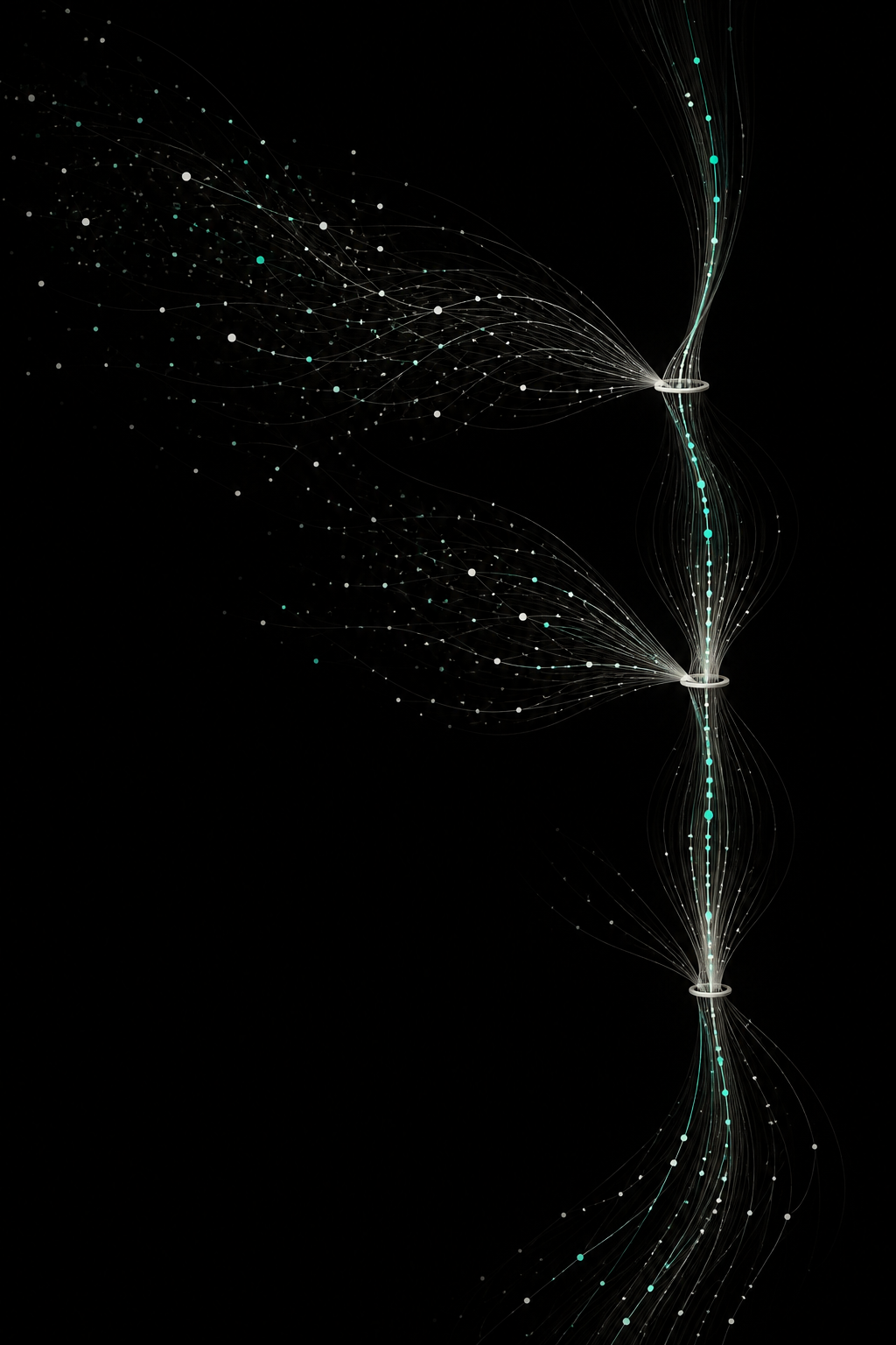 Visual abstracto de señales clínicas y comerciales que recorren rutas controladas.