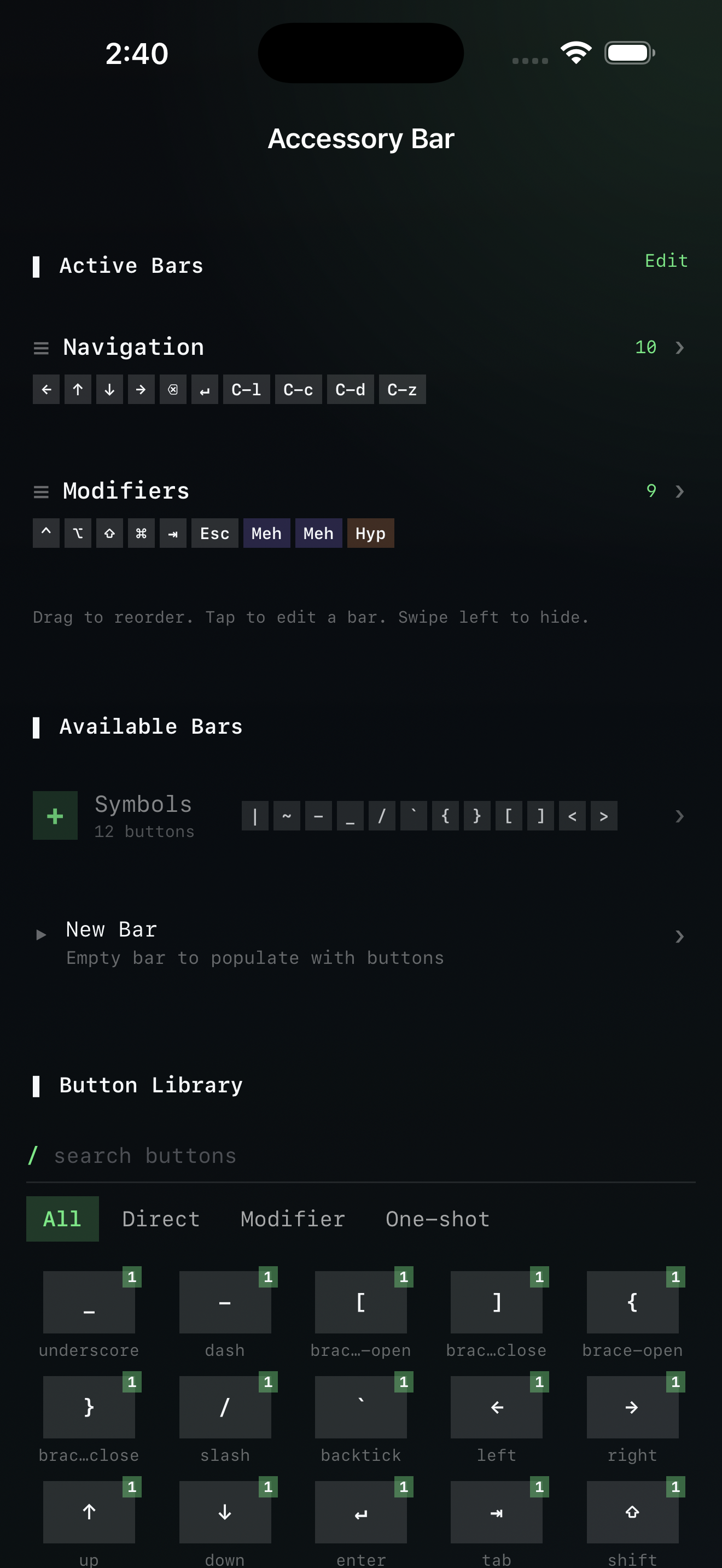 Accessory keyboard bar editor