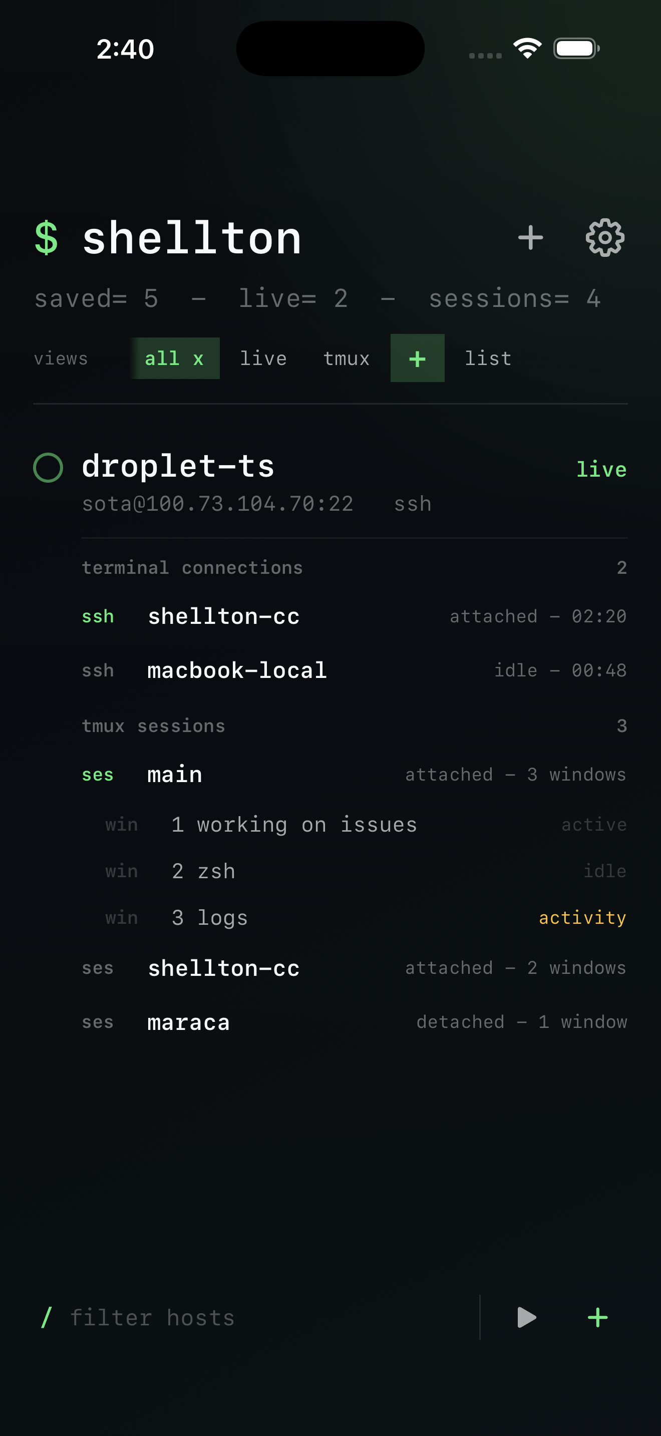 Host expanded showing live tmux sessions and windows