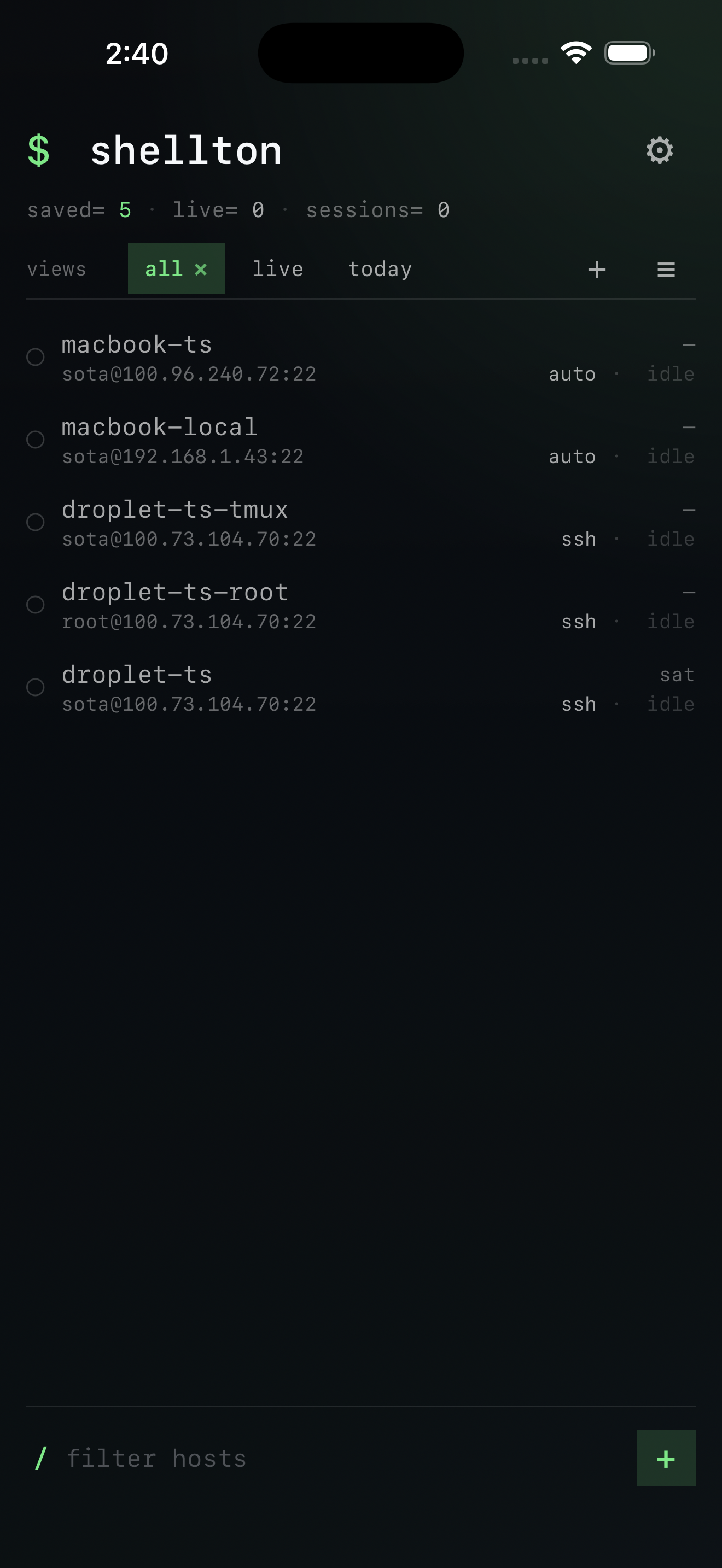 Shellton home screen showing saved hosts